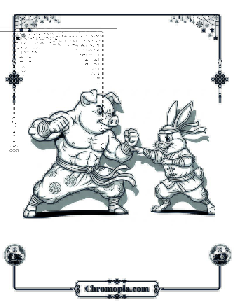 Kung Fu Pig Masters Training Scene Coloring Sheet