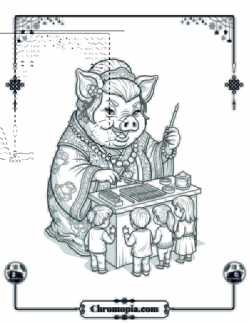 Pig Fortune Teller with Zodiac Predictions Coloring Page