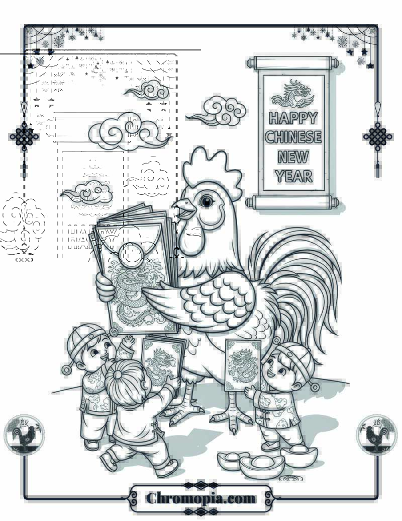 Rooster’s Lucky Red Envelope Surprise Coloring Page