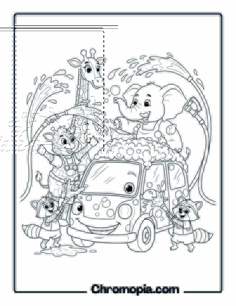 Animal Family Car Wash coloring page