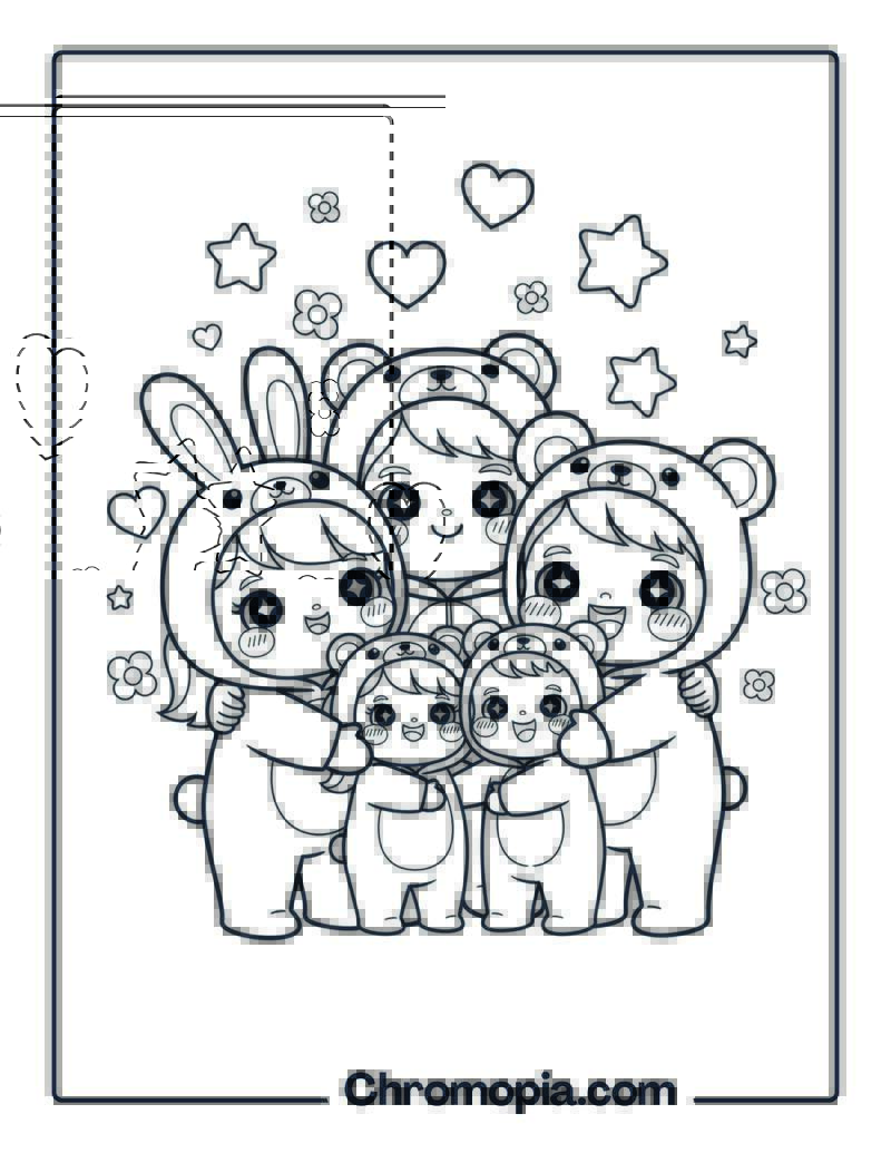 Kawaii Happy Family Hug coloring page