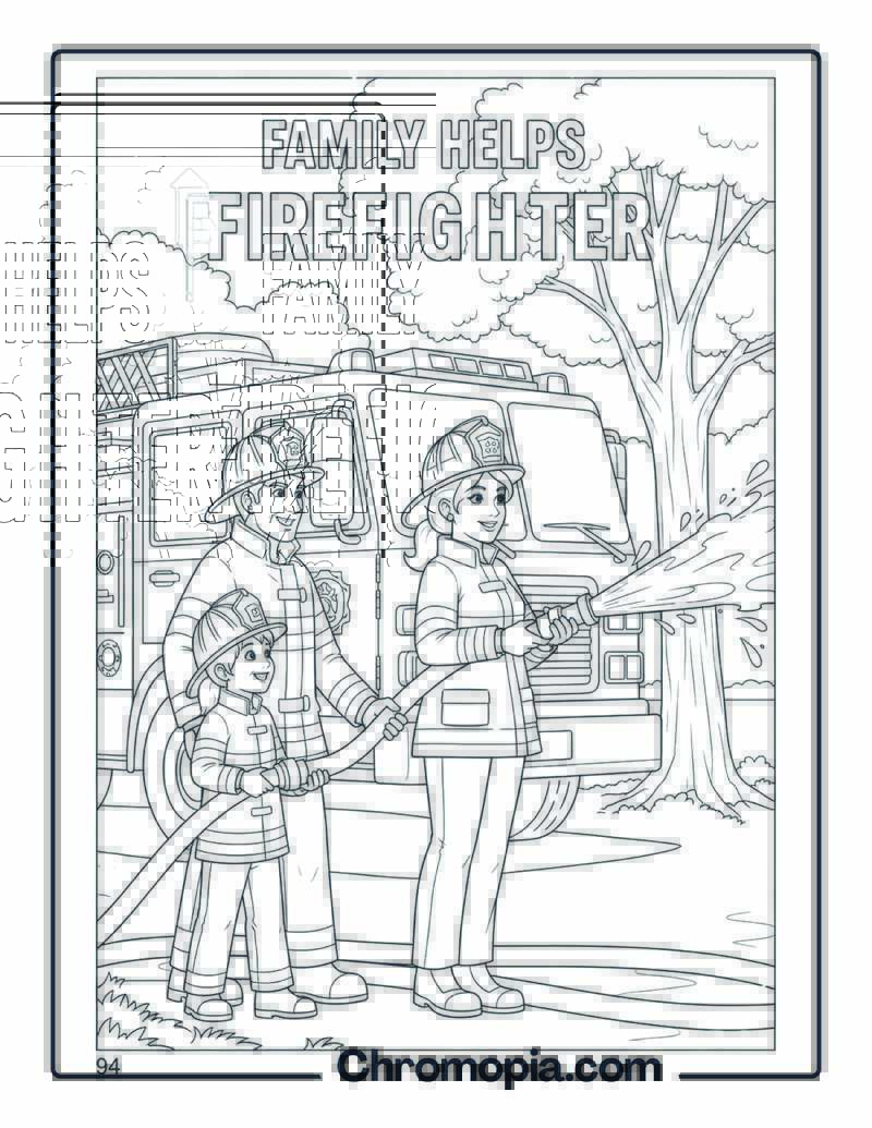 Family Helps Firefighter coloring page