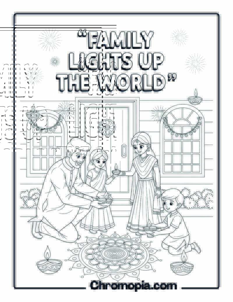 Diwali Family Celebration Scene coloring page