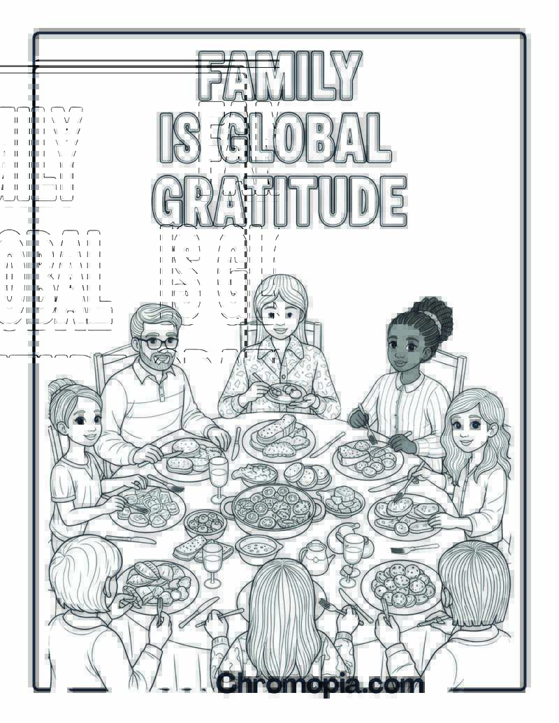 Gratitude Multicultural Family Dinner coloring page