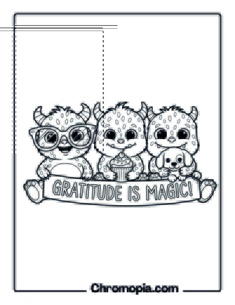 Cute Gratitude Coloring Sheet with Baby Monsters