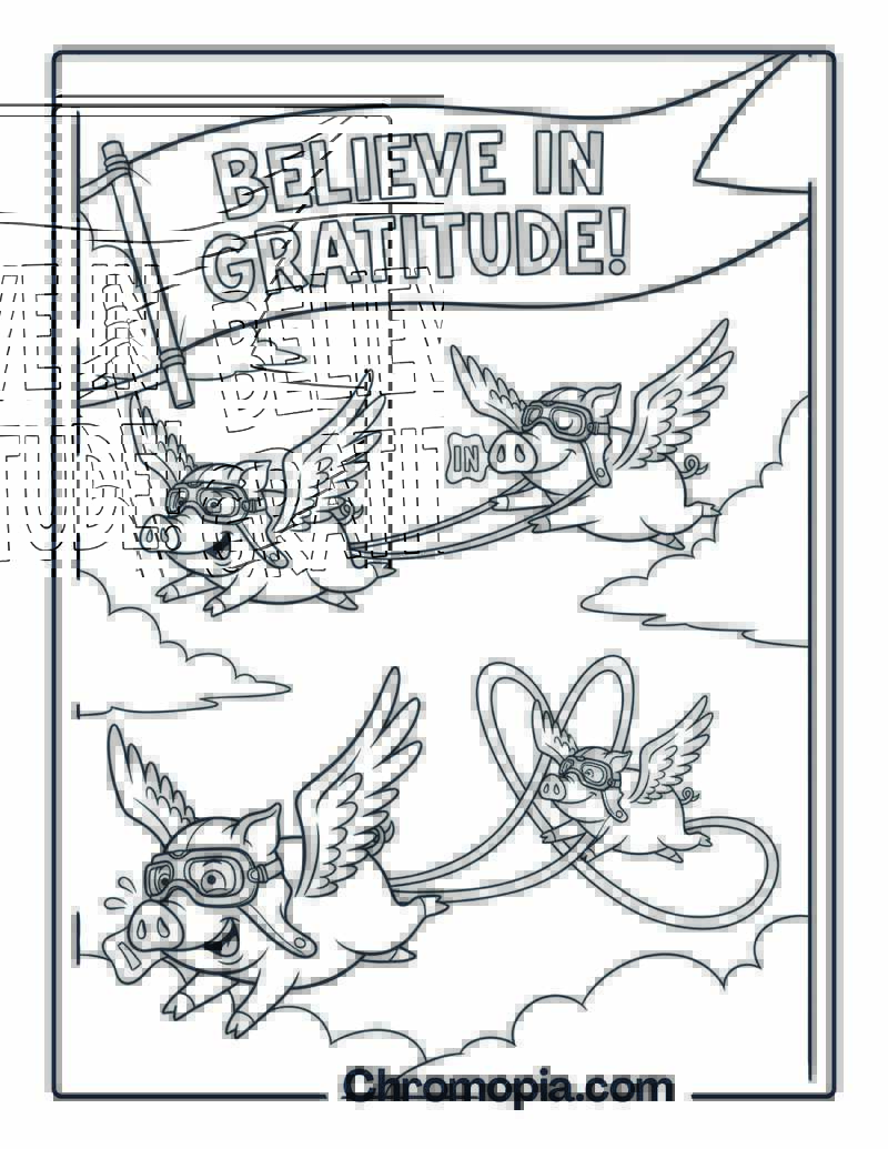Gratitude Color Page with Flying Pigs