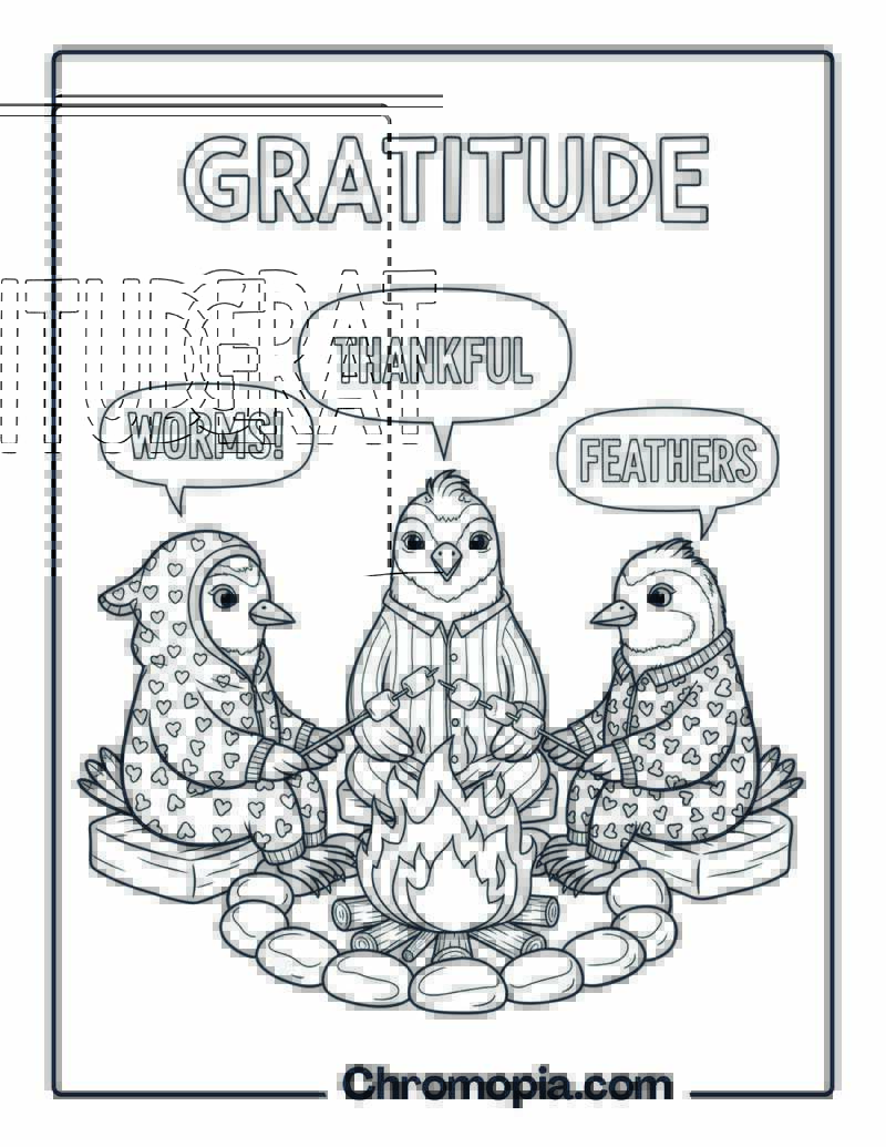 Gratitude Coloring Page with Birds in Pajamas