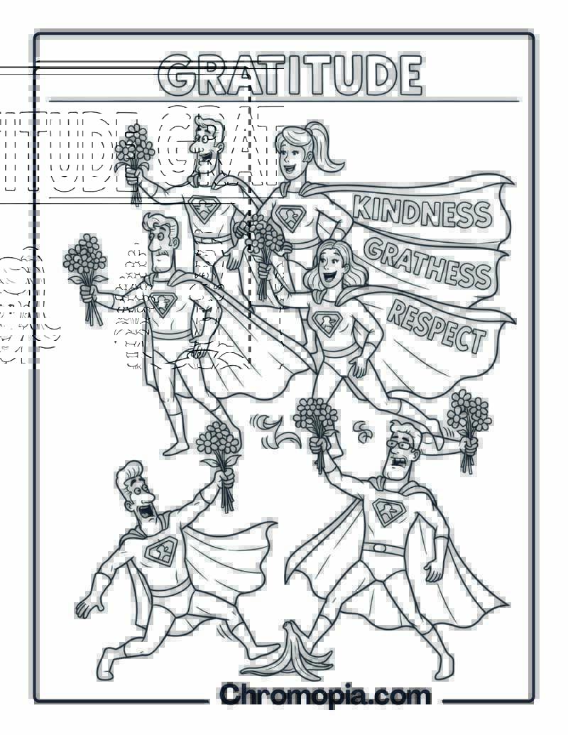 Gratitude Coloring Page with Goofy Superheroes