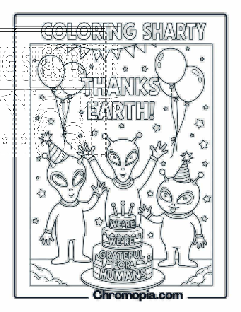 Gratitude Coloring Sheet with Alien Party
