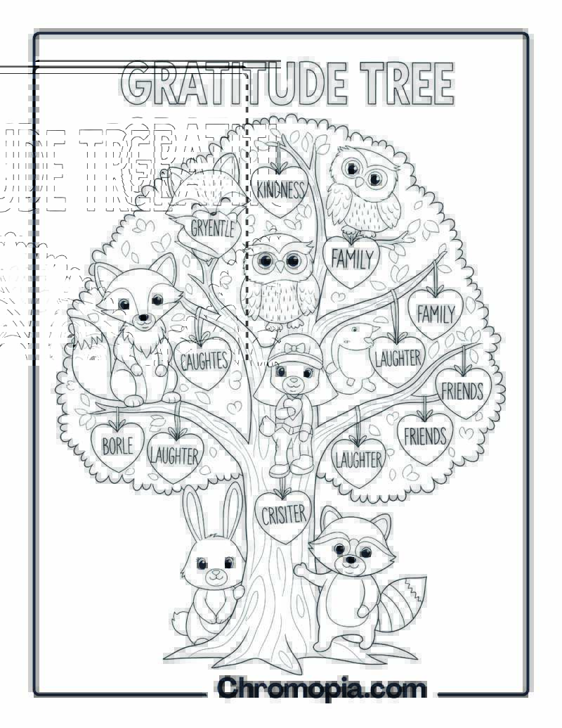 Gratitude Tree Coloring Page with Animals