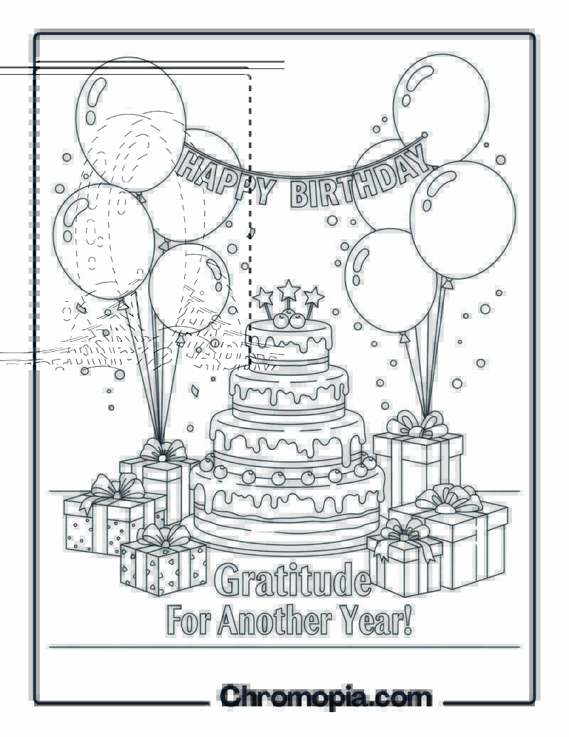 Birthday Gratitude Coloring Page with Cake and Balloons