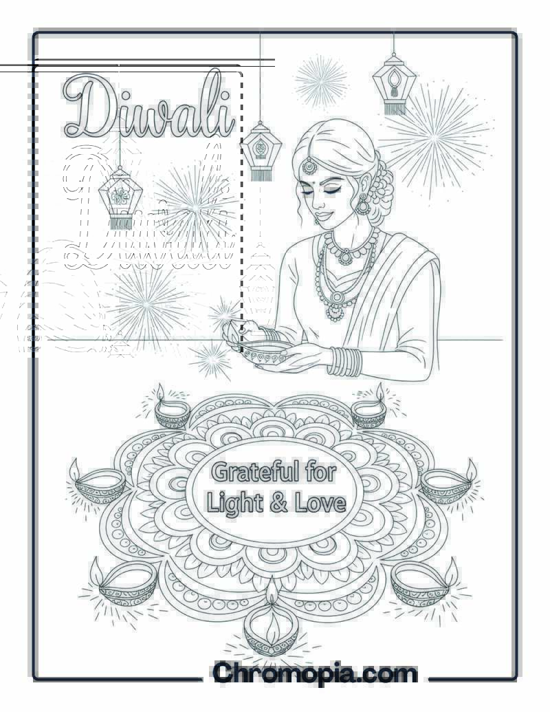 Diwali Gratitude Coloring Page with Rangoli