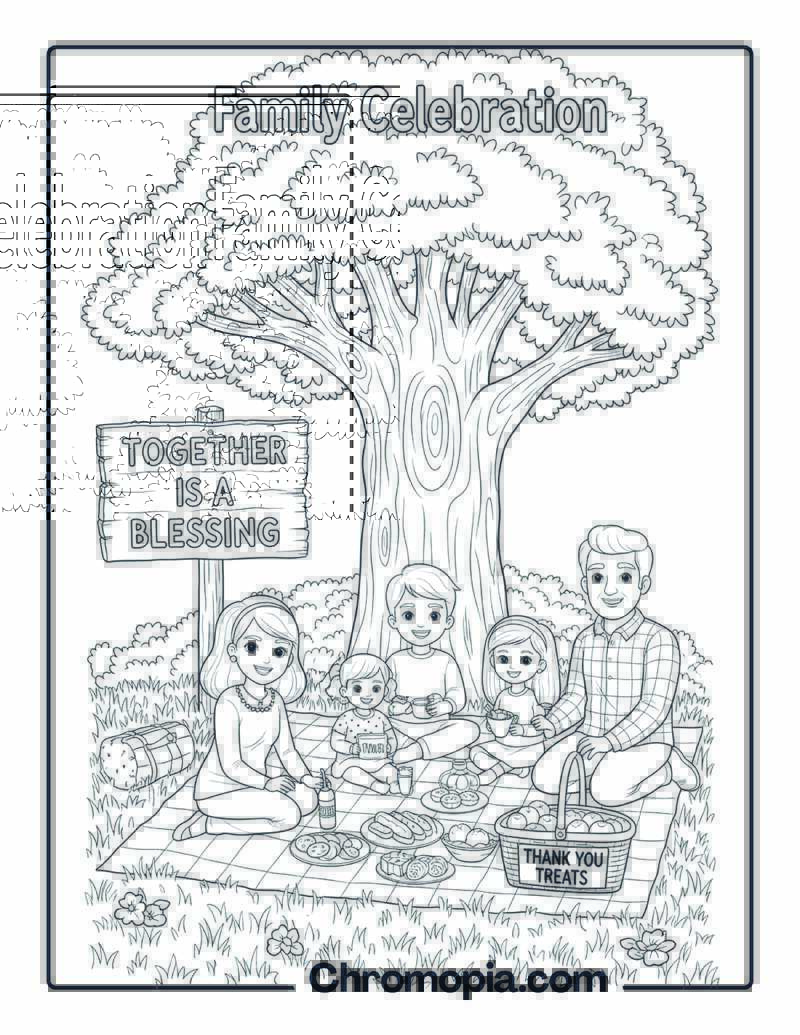 Family Celebration Gratitude Coloring Sheet with Picnic
