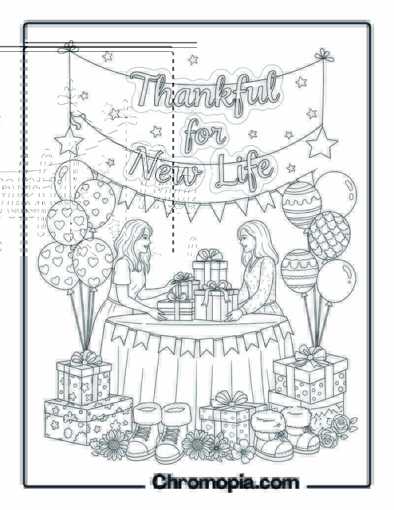 Gratitude Coloring Page with Baby Shower Scene