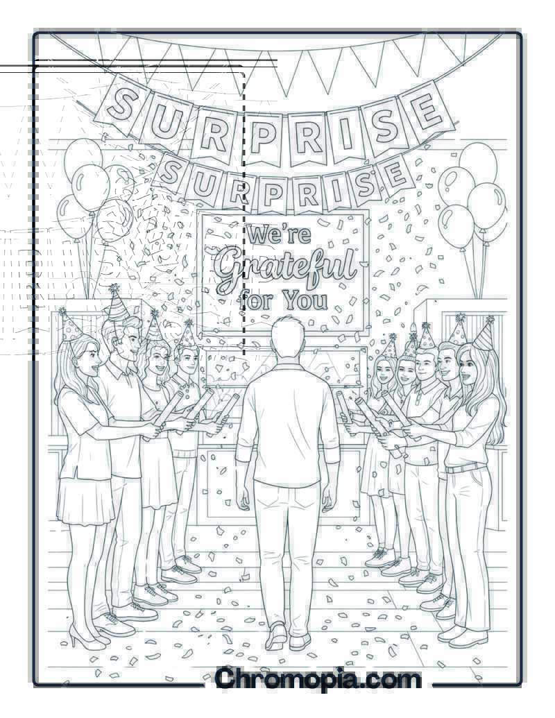 Gratitude Coloring Sheet with Surprise Party