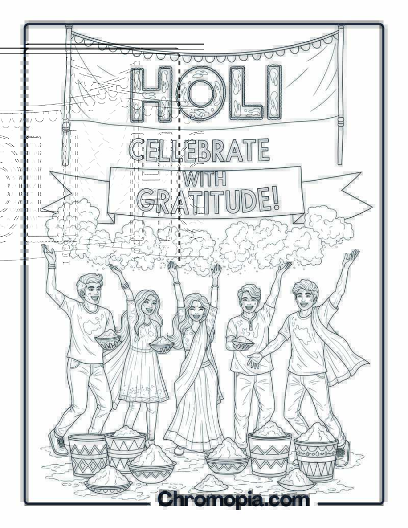 Holi Gratitude Coloring Sheet with Festival Scene