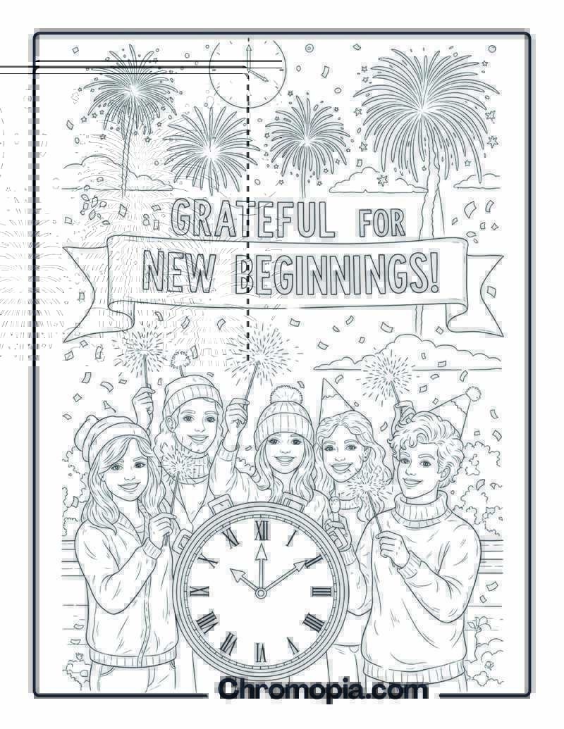 New Year Gratitude Coloring Page Celebration Scene