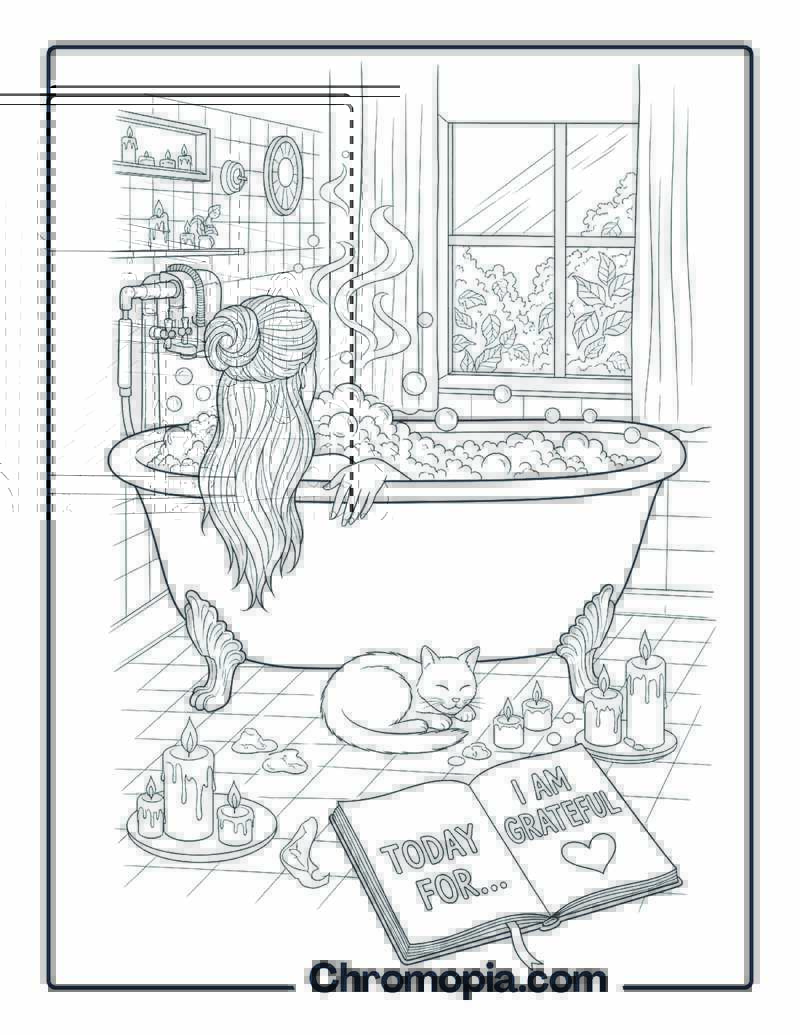 Self-Care Gratitude Coloring Page with Bubble Bath Scene