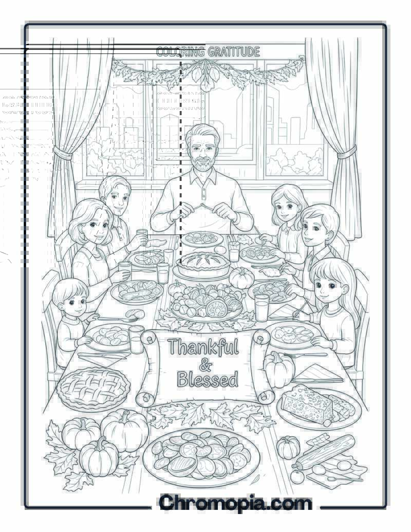 Thanksgiving Gratitude Coloring Page with Family Meal