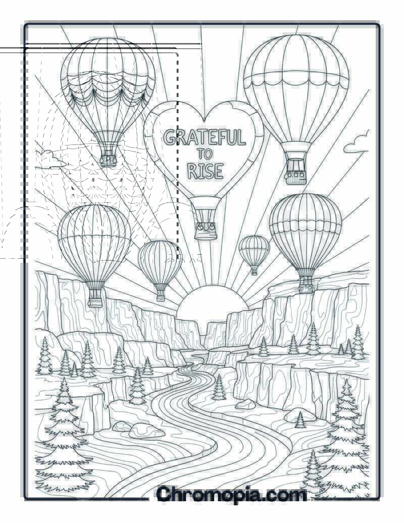 Gratitude Coloring Page with Air Balloons