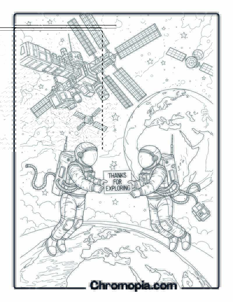 Gratitude Coloring Page with Astronauts in Space