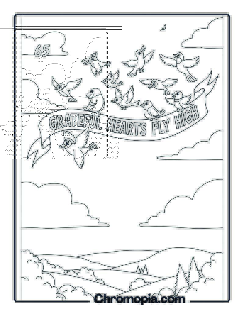 Gratitude Coloring Page with Birds Flying Banner