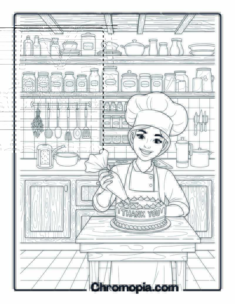 Gratitude Coloring Page with Chef and Kitchen