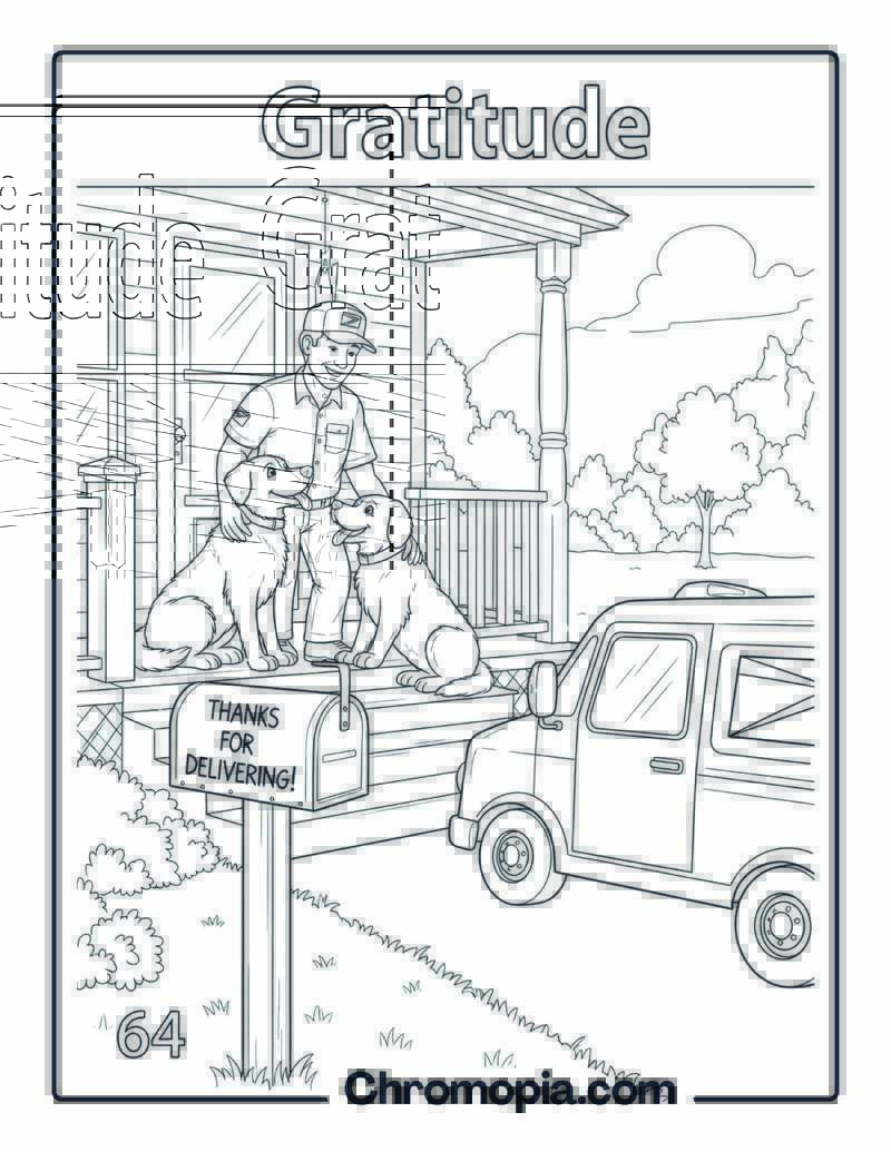 Gratitude Coloring Page with Dogs and Mail Truck
