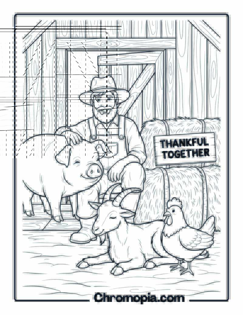 Gratitude Coloring Page with Farmer and Animals