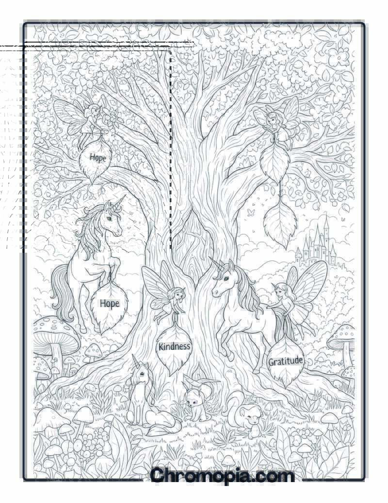 Gratitude Coloring Page with Magical Creatures