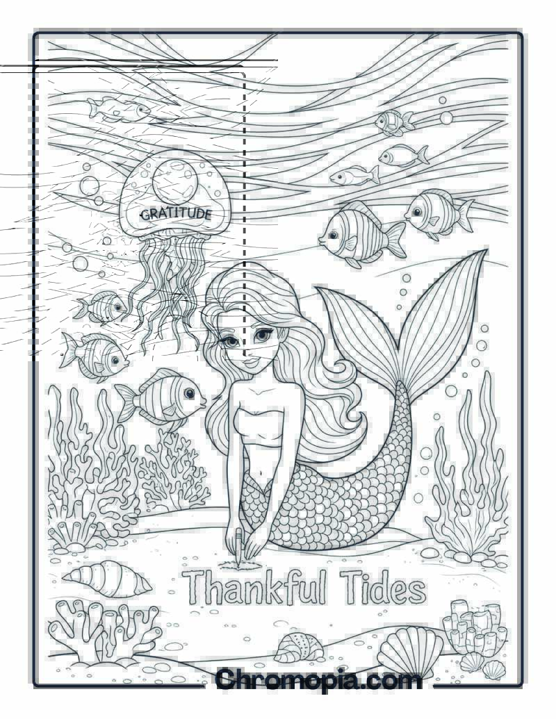 Gratitude Coloring Page with Mermaid and Fish