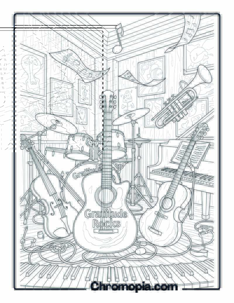 Gratitude Coloring Page with Musical Instruments