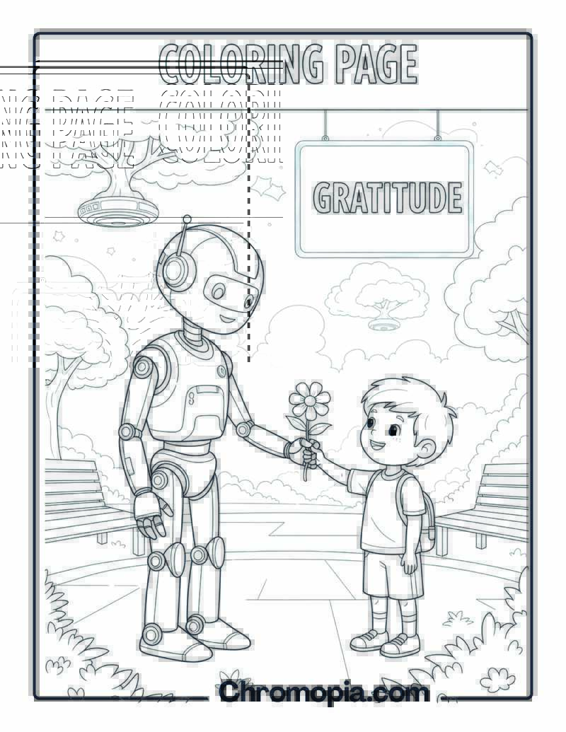 Gratitude Coloring Sheet with Robot and Kid