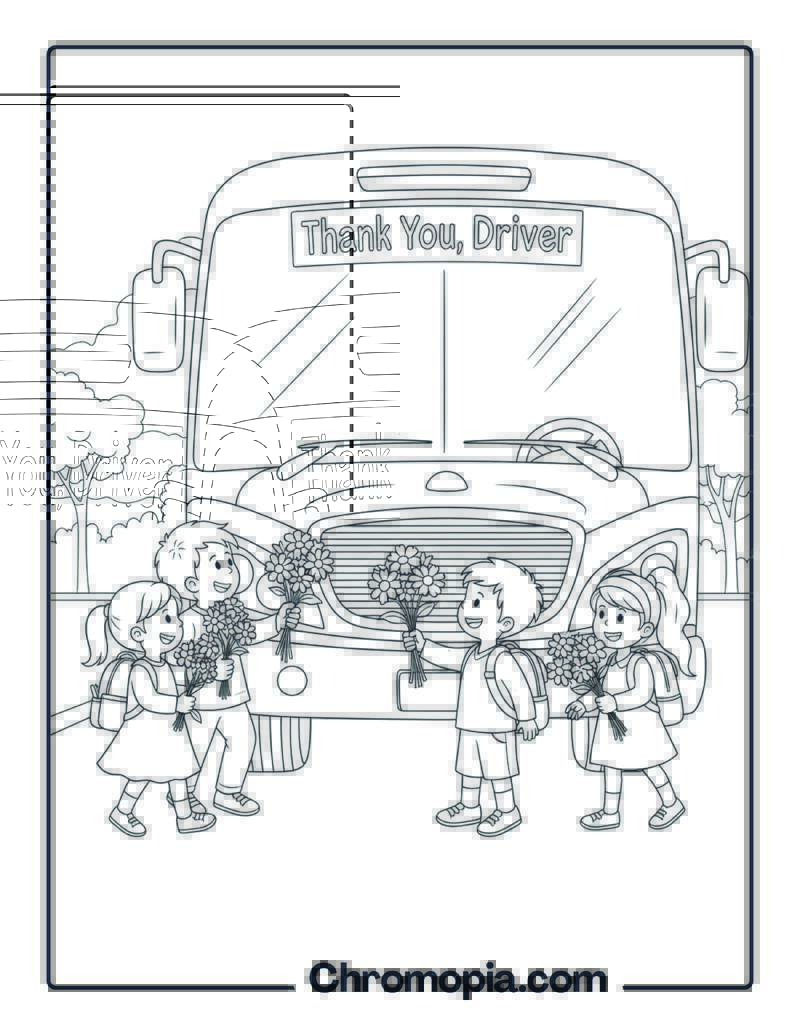 Gratitude Coloring Sheet with School Bus Scene