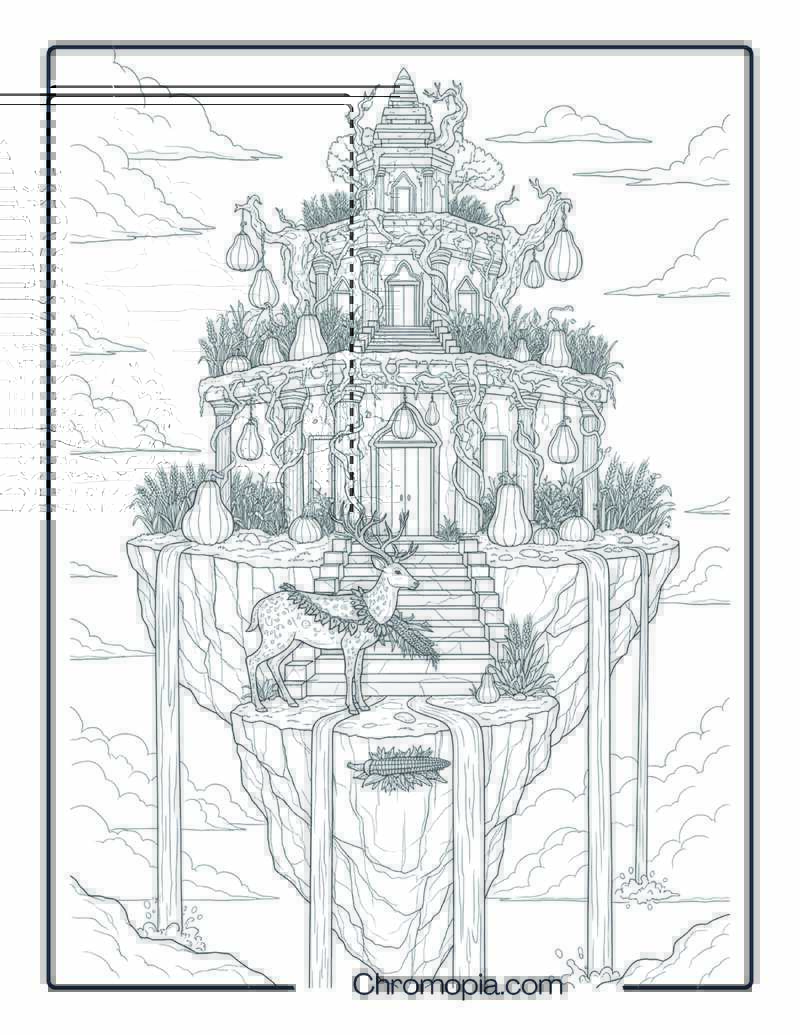 Floating Harvest Temple Landscape Coloring Sheet