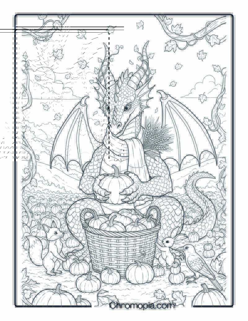 Dragon Harvesting Pumpkins Coloring Sheet