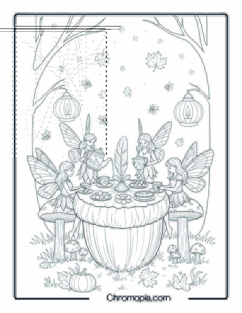 Fairy Harvest Tea Party Coloring Page