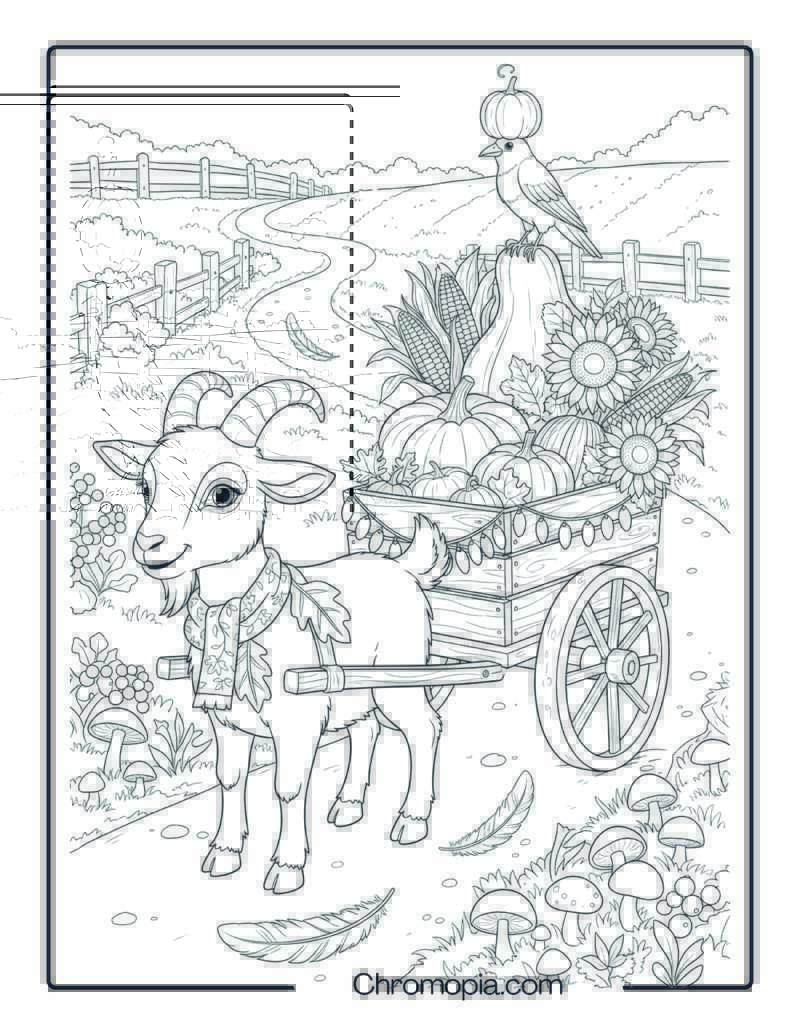 Harvest Goat and Pumpkin Cart Coloring Sheet