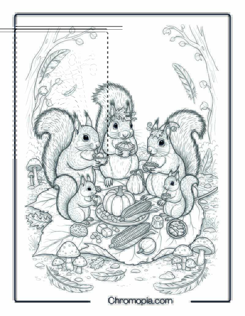 Squirrel Family Harvest Picnic Coloring Page