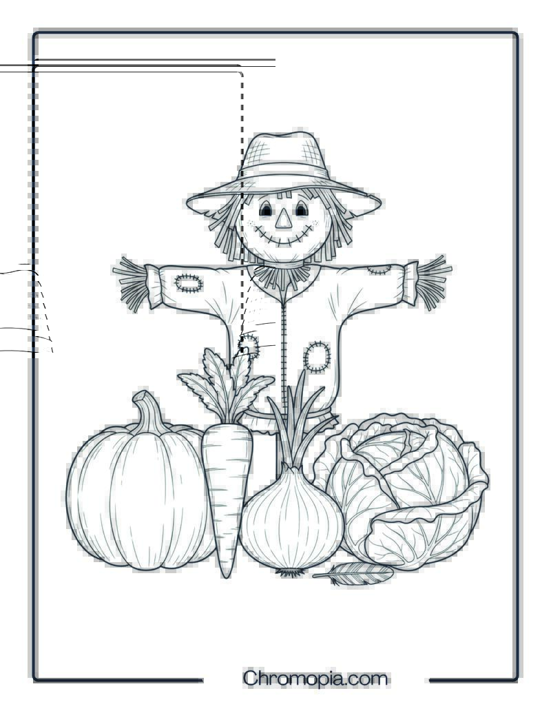 Scarecrow and Harvest Vegetables Coloring Page