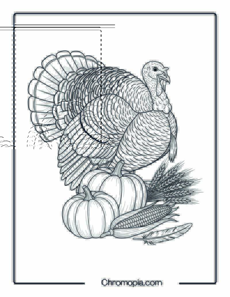 Turkey Among Harvest Goods Coloring Page