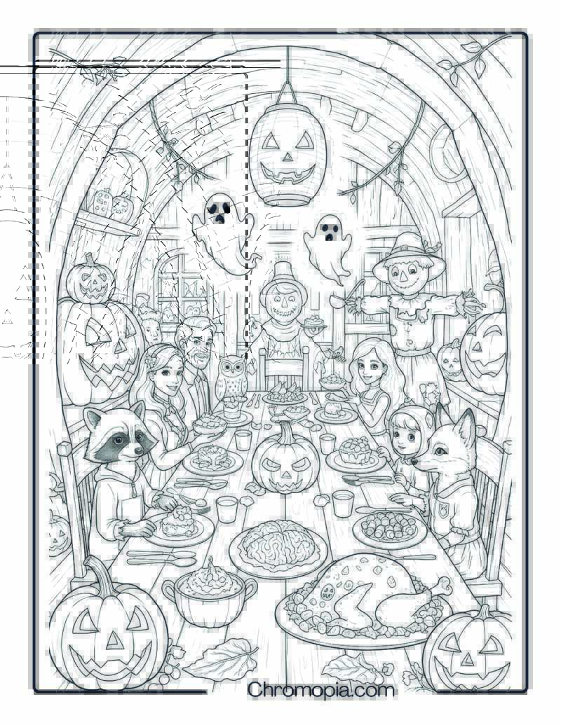 Halloween Harvest Family Gathering Coloring Page