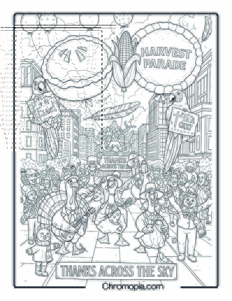 Harvest Parade with Birds & Balloons Coloring Sheet