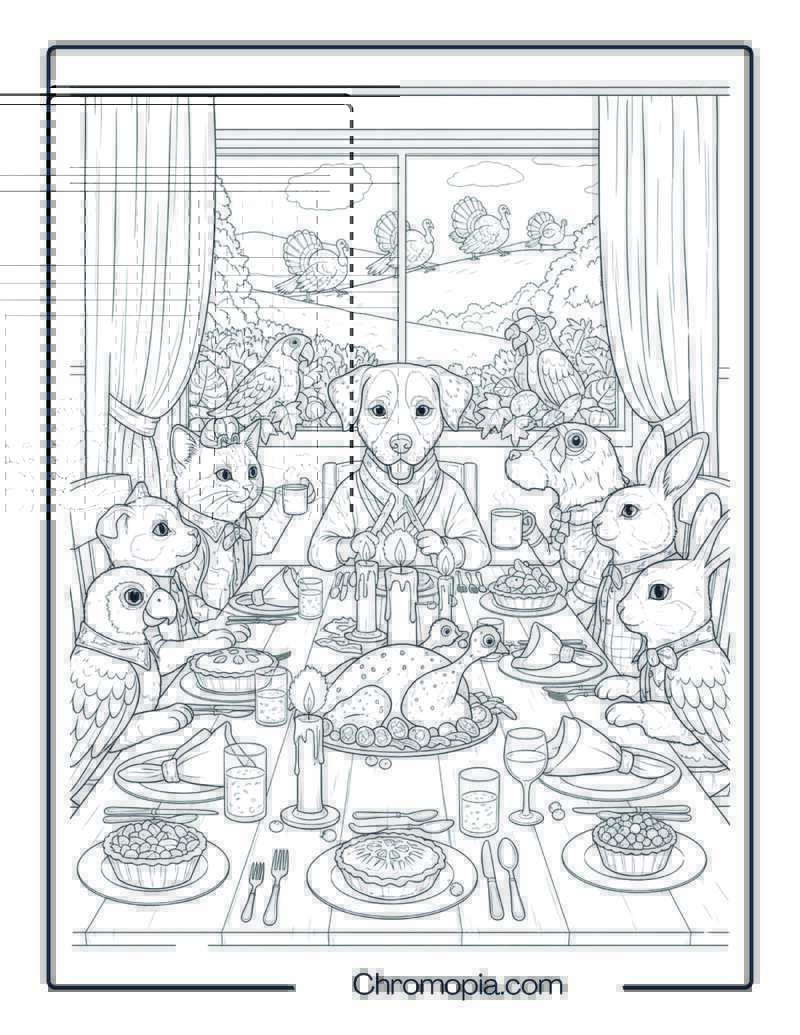 Pet Friends Harvest Table Coloring Page