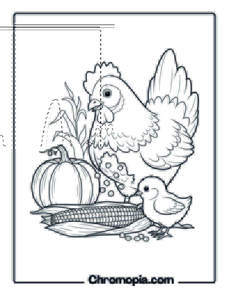Hen and Chick Sharing Corn Coloring Sheet