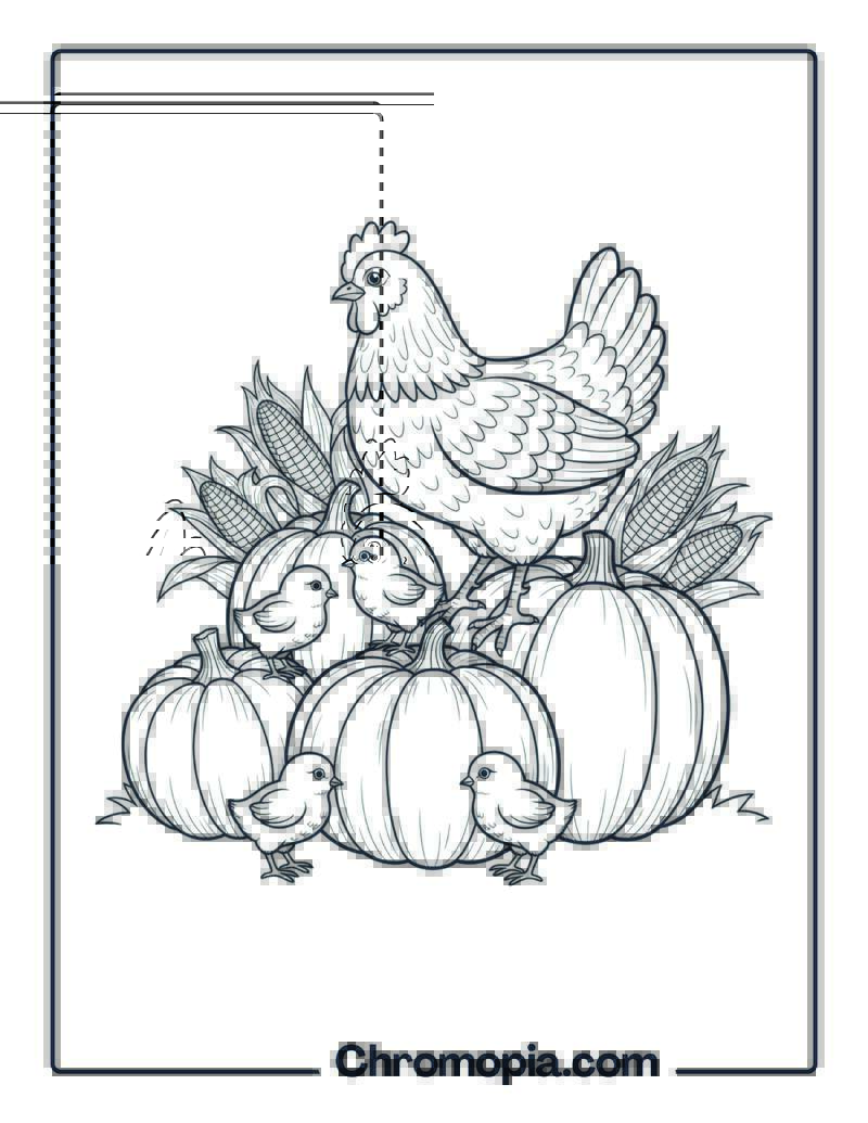 Hen and Chicks with Pumpkins Coloring Page