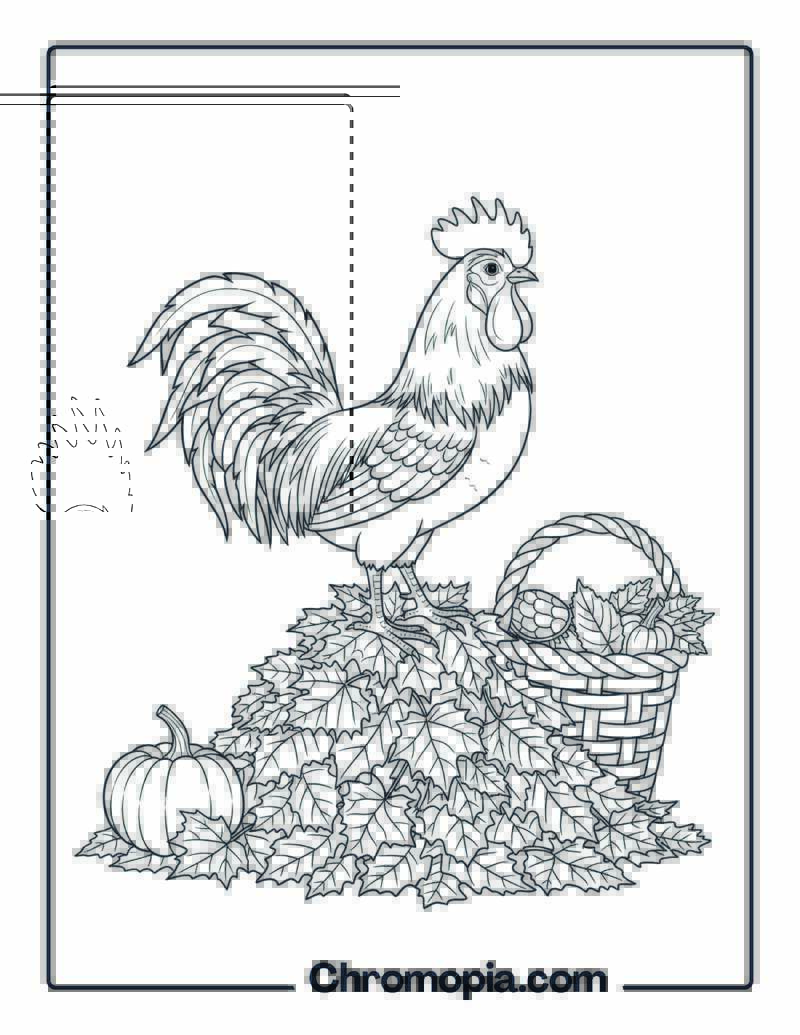 Rooster with Autumn Leaf Pile Coloring Page