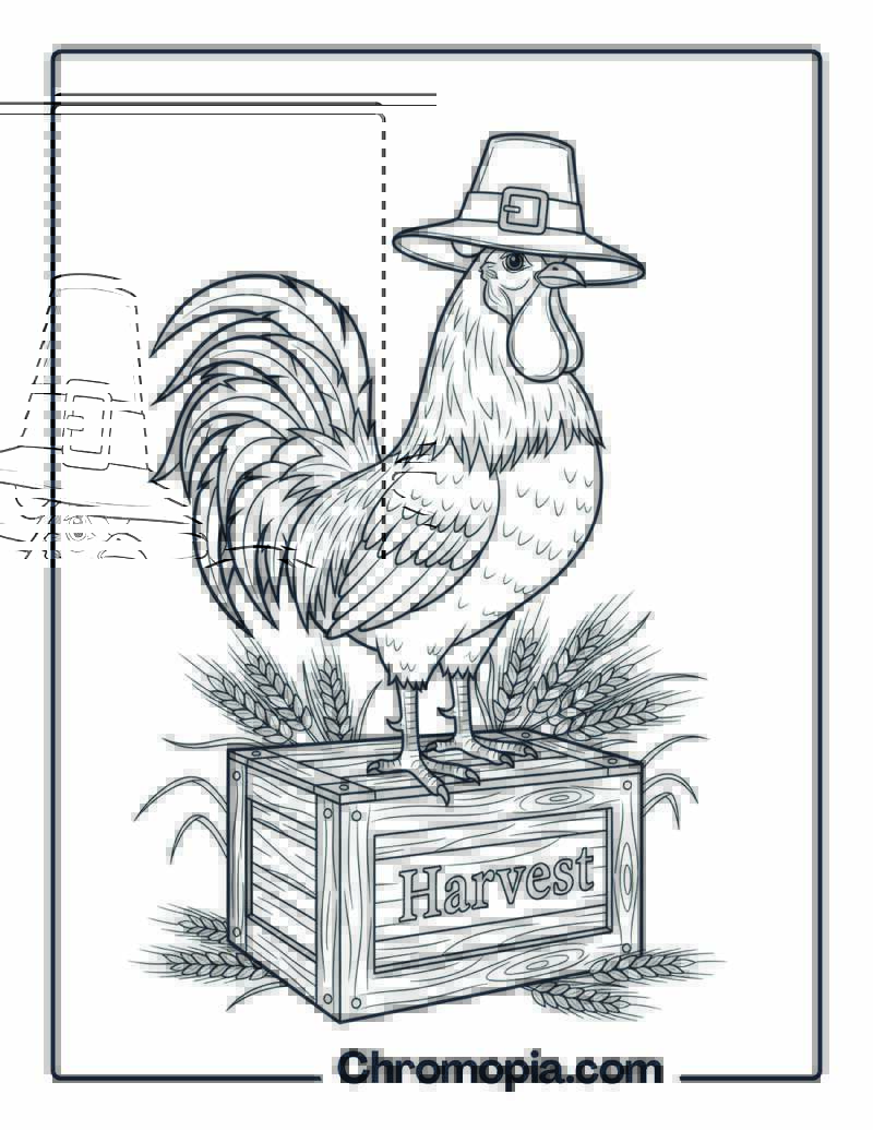 Rooster with Pilgrim Hat Coloring Page