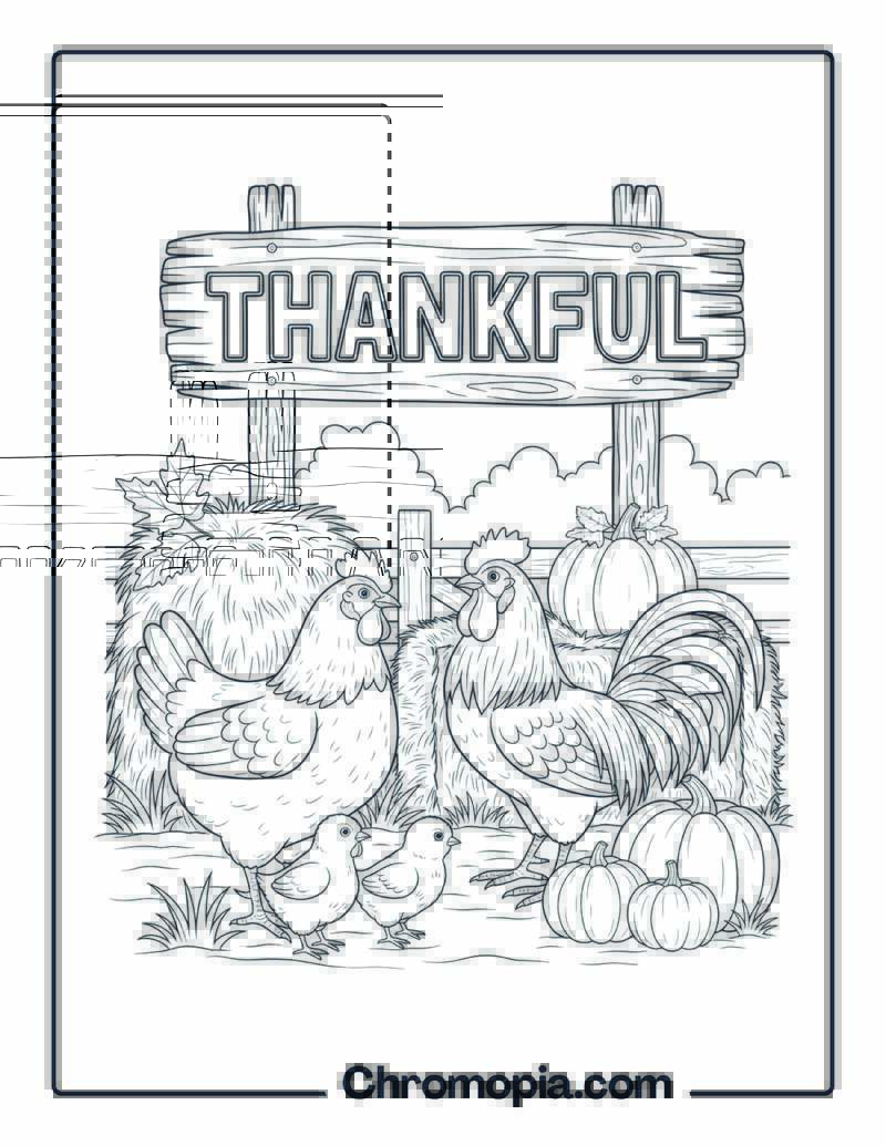 Thanksgiving Chicken Farm Scene Coloring Page