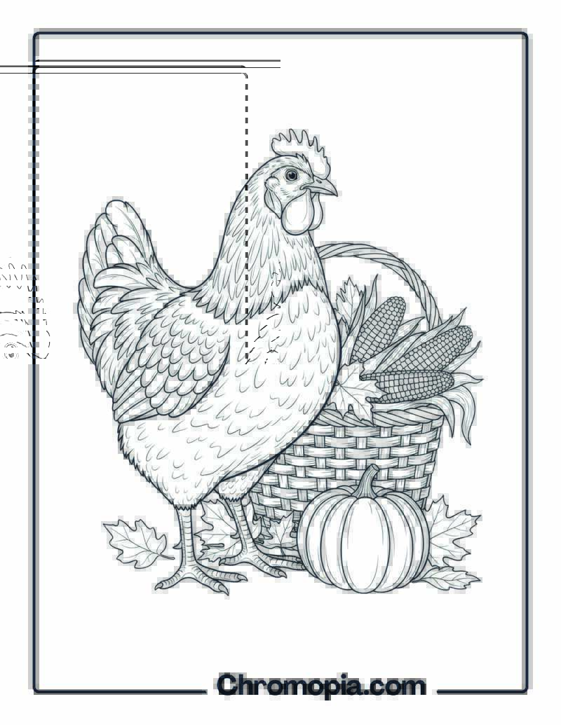 Thanksgiving Hen with Corn Basket Coloring Page